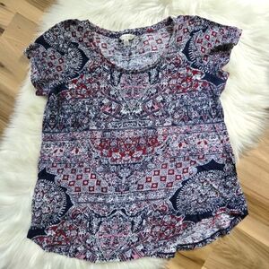 Lucky Brand Multicolor Boho Patterned Round Neck Short Sleeve Top Size Medium
